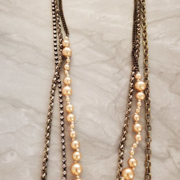 ✨ J.Crew Champagne Pearl Thead Antiqued Rhinestones Crystal Multi Chain Necklace - Picture 3 of 6
